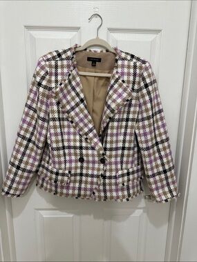 Ann Taylor Cream, Purple & Black Plaid Tweed Cropped Blazer
